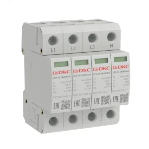 УЗИП, тип 2, 4 полюса, Imax 40kA, со сменным      модулем, Un 440V SPD-T2-3N40P440 DKC