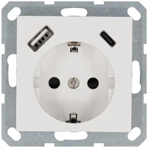 Розетка Shuko 16А с заземл. защ. шторки с 2-мя заряд. устройствами USB тип A+C 25Вт механизм бел. глянцевый Jasmart G5501USB-25W Jasmart
