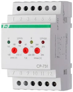Реле напряжения CP-731 (трехфазный; микропроцессорный; контроль верхнего и нижнего значений напряжения; контроль асимметрии; чередования фаз; монтаж на DIN-рейке 35мм 3х400/230+N 2х8А 1Z 1R IP20) F&F EA04.009.005 Евроавтоматика