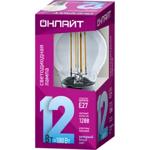 Лампа светодиодная филаментная 80 885 OLL-F-G45-12-230-4K-E27 12Вт шар прозрачная 4000К нейтр. бел. E27 1200лм 220-240В 80885 Онлайт