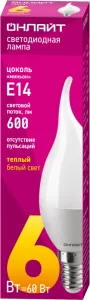 Лампа светодиодная 71 620 OLL-FC37-6-230-2.7K-E14-FR 6Вт свеча на ветру 2700К тепл. бел. E14 450лм 220-240В 71620 Онлайт