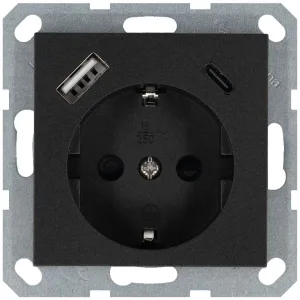 Розетка Shuko 16А с заземл. защ. шторки с 2-мя заряд. устройствами USB тип A+C 25Вт механизм антрацит Jasmart G5501USB-25B Jasmart