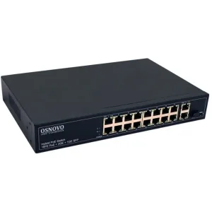 PoE Коммутатор OSNOVO SW-61621(300W) PoE коммутатор Fast Ethernet на 16 x RJ45 PoE + 2 x RJ45 GE + 1 SFP GE порта. Порты: 2 x FE (10/100Base-T) с PoE (до 60W OSNOVO