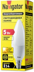 Лампа светодиодная 94 480 NLL-P-C37-5-230-2.7K-E14-FR 5Вт свеча 2700К тепл. бел. E14 330лм 176-264В 94480 Navigator
