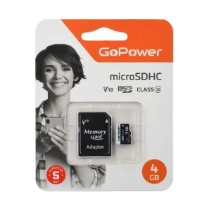 Карта памяти microSD GoPower 4GB Class10 15 МБ/сек V10 с адаптером GoPower 00-00025672 GoPower