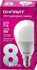 Лампа светодиодная 71 625 OLL-G45-8-230-4K-E14 8Вт шар 4000К нейтр. бел. E14 600лм 230-264В 71625 Онлайт