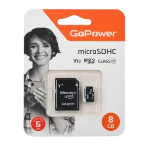 Карта памяти microSD GoPower 8GB Class10 15 МБ/сек V10 с адаптером GoPower 00-00025673 GoPower