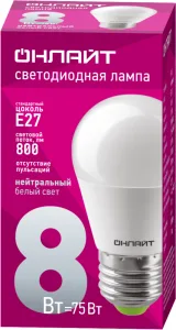 Лампа светодиодная 71 627 OLL-G45-8-230-4K-E27 8Вт шар 4000К нейтр. бел. E27 600лм 230-264В 71627 Онлайт