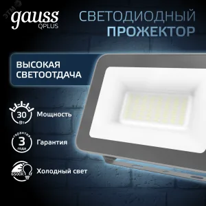 Прожектор светодиодный Qplus 30 W 2550 lm IP65 6500K графитовый серый 1/10 690511330 Gauss