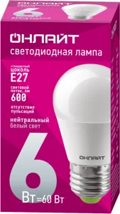 Лампа светодиодная 71 646 OLL-G45-6-230-4K-E27 6Вт шар 4000К нейтр. бел. E27 470лм 220-240В 71646 Онлайт