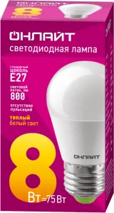 Лампа светодиодная 71 626 OLL-G45-8-230-2.7K-E27 8Вт шар 2700К тепл. бел. E27 560лм 230-264В 71626 Онлайт