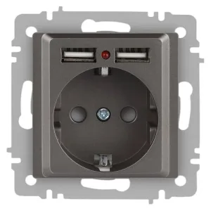 Розетка Intro Accent 6-410-09 P+E Schuko со шторками 16А-250В + 2хUSB IP20 СУ титан Б0063711 Intro