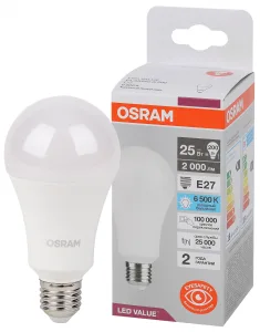 Лампа светодиодная LED Value 25Вт A матовая 6500К холод. бел. E27 2000лм угол пучка 180град. 220-240В пластик (замена 200Вт) OSRAM 4058075696471 LEDVANCE