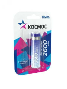 Аккумулятор Li-ion 18650 2600мА.ч с защитой (блист.1шт) КОСМОС KOC18650Li-ion26PBL1 Космос