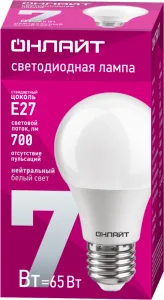 Лампа светодиодная 71 648 OLL-A60-7-230-4K-E27 7Вт грушевидная 4000К нейтр. бел. E27 610лм 220-240В 71648 Онлайт