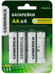 Батарейка щелочная Alkaline LR06/AA (4шт/блистер) GENERICA ABT-LR06-ST-L04-G IEK